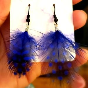 True blue & black feather drop handmade earrings. $Firm.